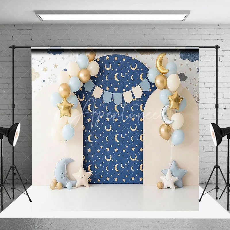 Aperturee - Aperturee Twinkle Twinkle Little Star Arch Backdrop Navy Blue and Gold Moon Night Sky Background for Boys Birthday
