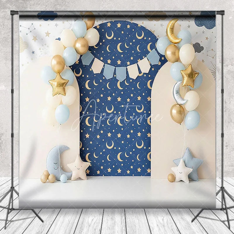 Aperturee - Aperturee Twinkle Twinkle Little Star Arch Backdrop Navy Blue and Gold Moon Night Sky Background for Boys Birthday