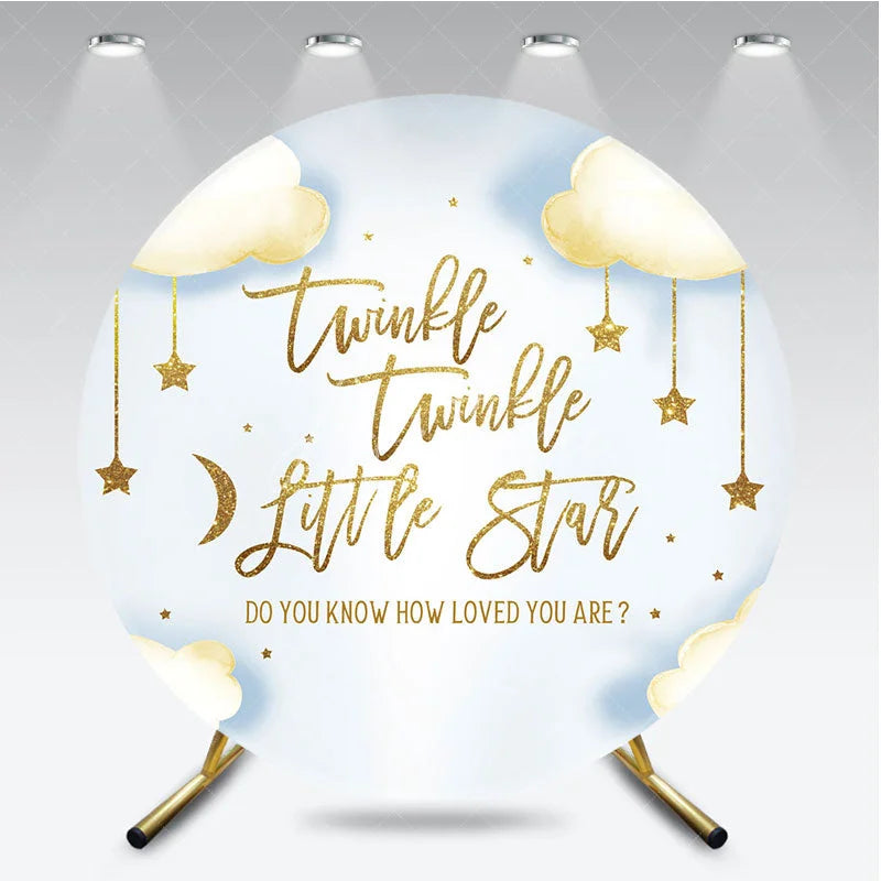 Aperturee - Aperturee Twinkle Twinkle Little Star Round Backdrop Gold Moon and Clouds Blue Baby Shower Background