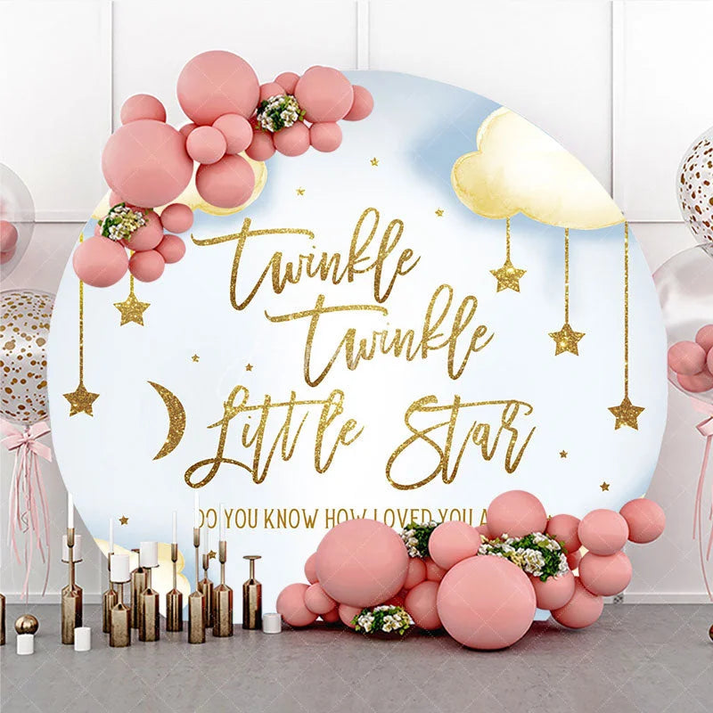 Aperturee - Aperturee Twinkle Twinkle Little Star Round Backdrop Gold Moon and Clouds Blue Baby Shower Background