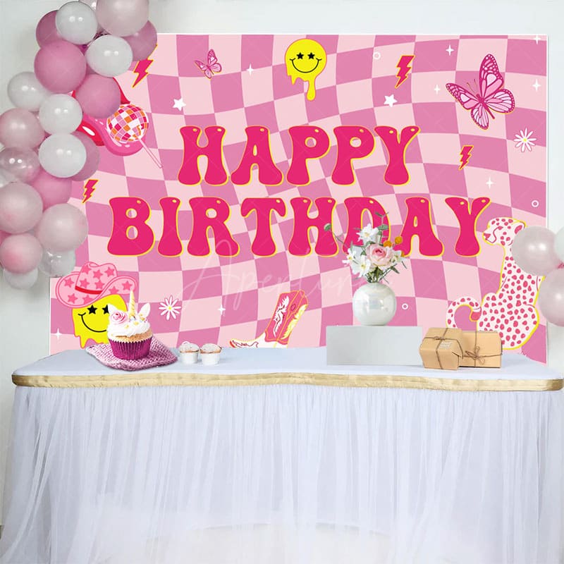 Aperturee - Aperturee Twisted Hot Pink Plaid Leopard Lip Birthday Backdrop