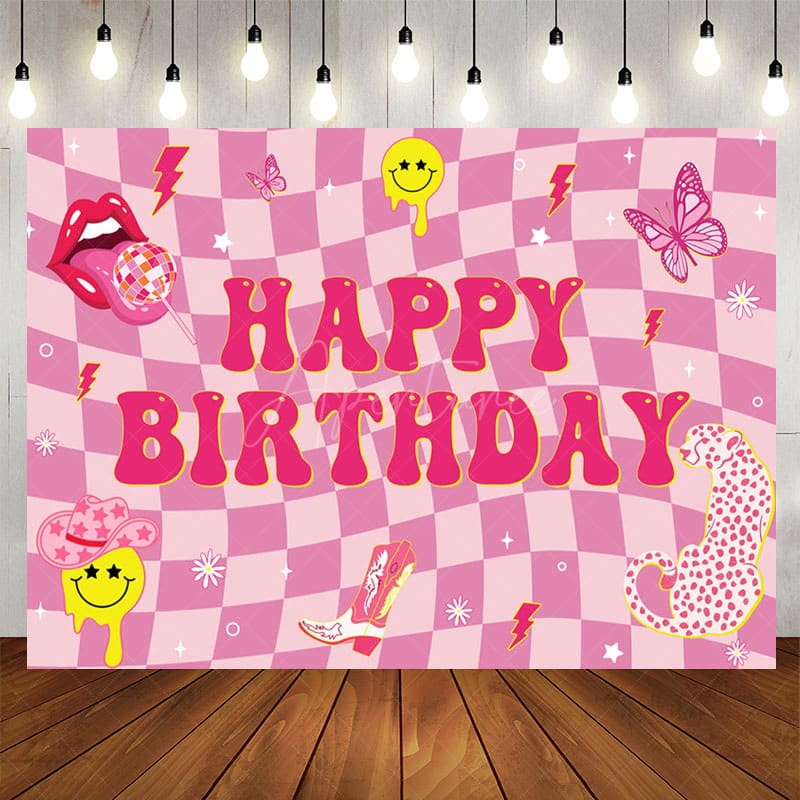 Aperturee - Aperturee Twisted Hot Pink Plaid Leopard Lip Birthday Backdrop