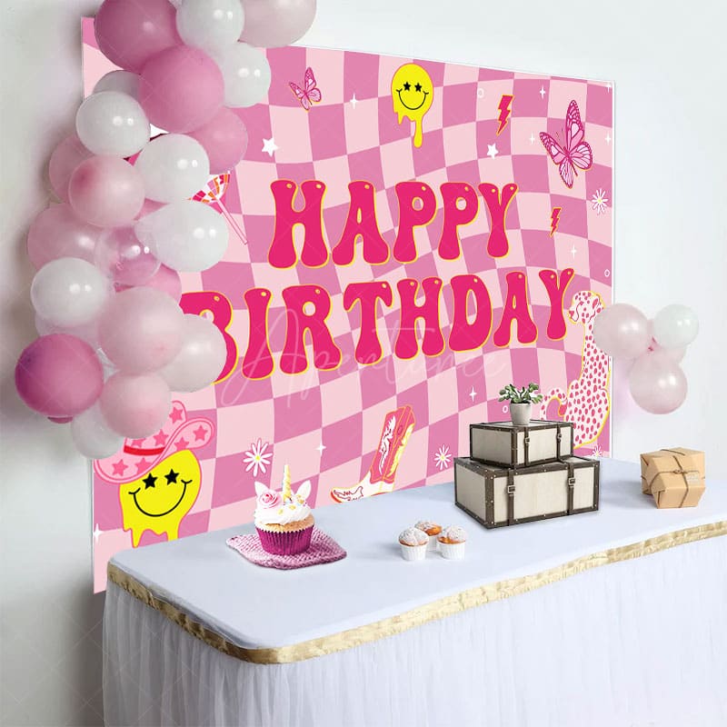 Aperturee - Aperturee Twisted Hot Pink Plaid Leopard Lip Birthday Backdrop