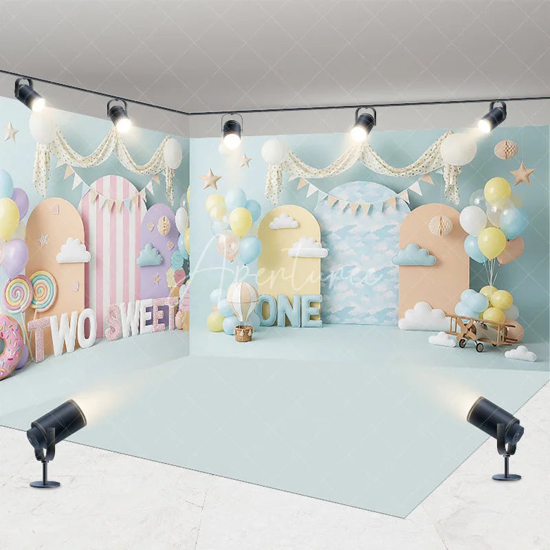 Aperturee - Aperturee Two Sweet and One Room Set Backdrop Blue Cloud and Airplane Cake Smash Party Background