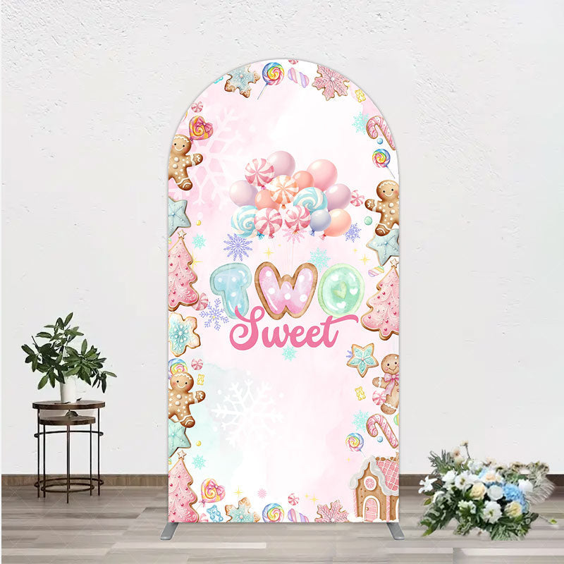 Aperturee - Aperturee Two Sweet Birthday Arch Backdrop for 2nd Birthday Winter Candyland with Gingerbread Christmas Sweet Shoppe Party