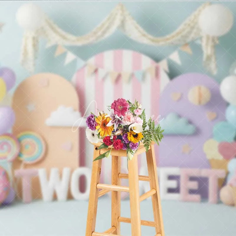 Aperturee - Aperturee Two Sweet Birthday Backdrop Ice Cream Donut Pastel Arch Photography Background 2nd Birthday Party Decoration