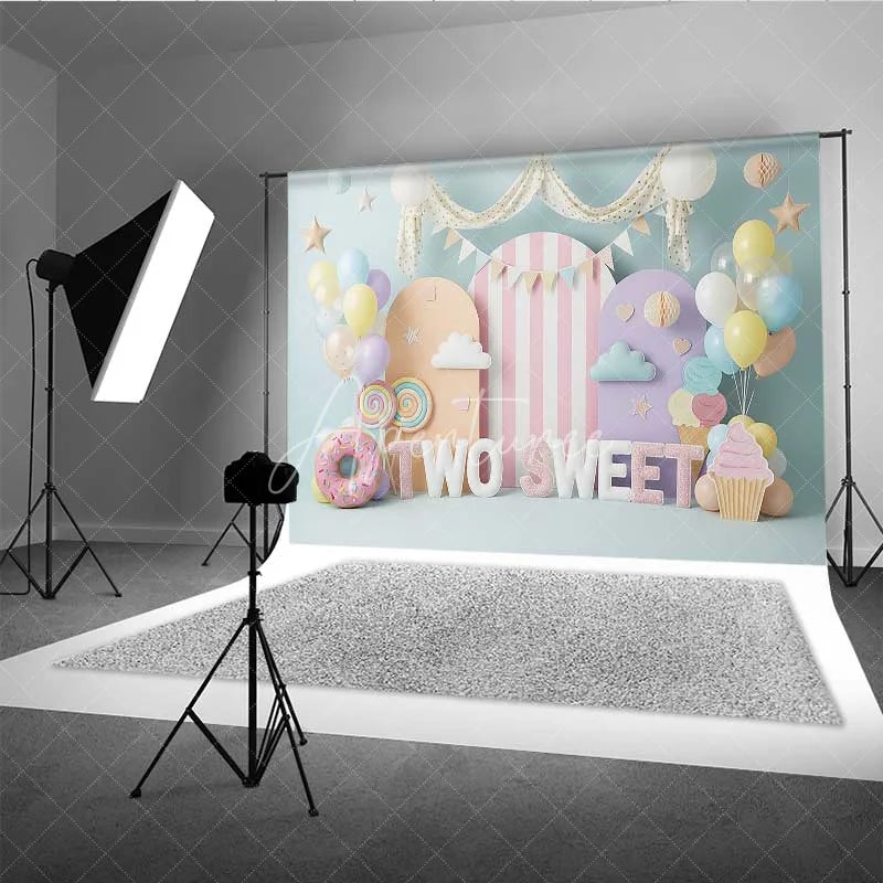 Aperturee - Aperturee Two Sweet Birthday Backdrop Ice Cream Donut Pastel Arch Photography Background 2nd Birthday Party Decoration