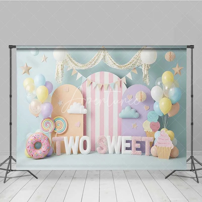 Aperturee - Aperturee Two Sweet Birthday Backdrop Ice Cream Donut Pastel Arch Photography Background 2nd Birthday Party Decoration