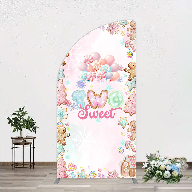 Aperturee - Aperturee Two Sweet Birthday Half Moon Arch Backdrop for 2nd Birthday Winter Candyland with Gingerbread Christmas Sweet Shoppe