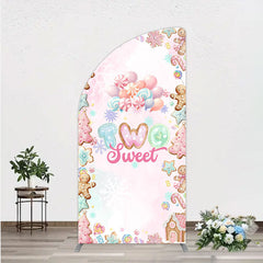 Aperturee - Aperturee Two Sweet Birthday Half Moon Arch Backdrop for 2nd Birthday Winter Candyland with Gingerbread Christmas Sweet Shoppe