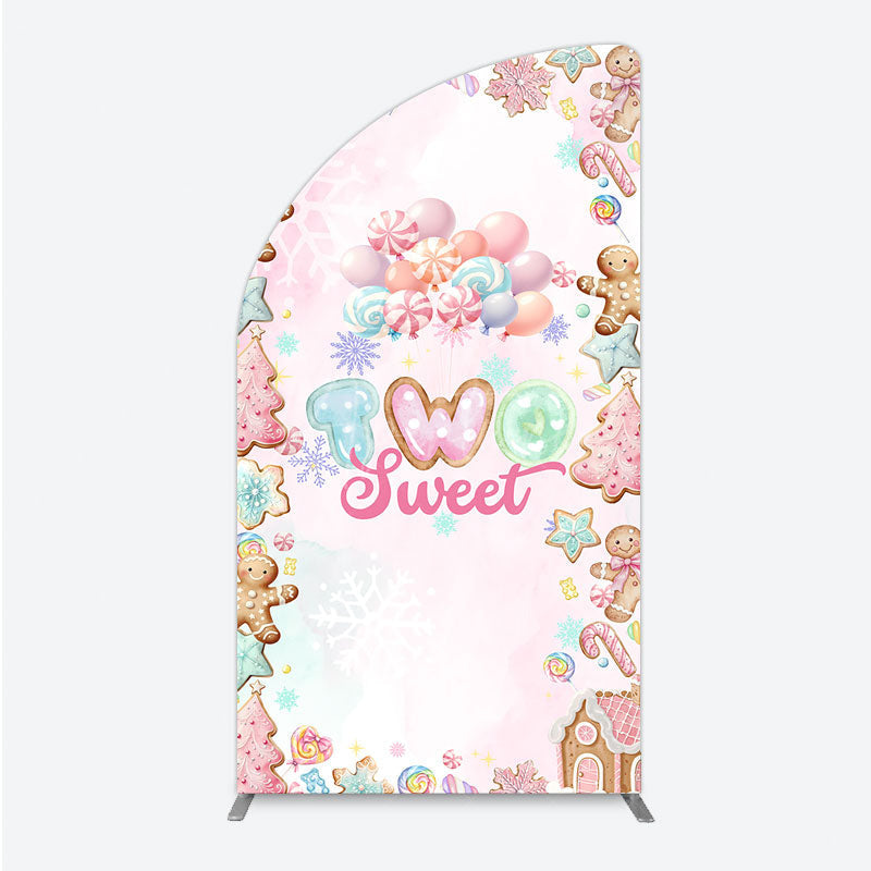 Aperturee - Aperturee Two Sweet Birthday Half Moon Arch Backdrop for 2nd Birthday Winter Candyland with Gingerbread Christmas Sweet Shoppe