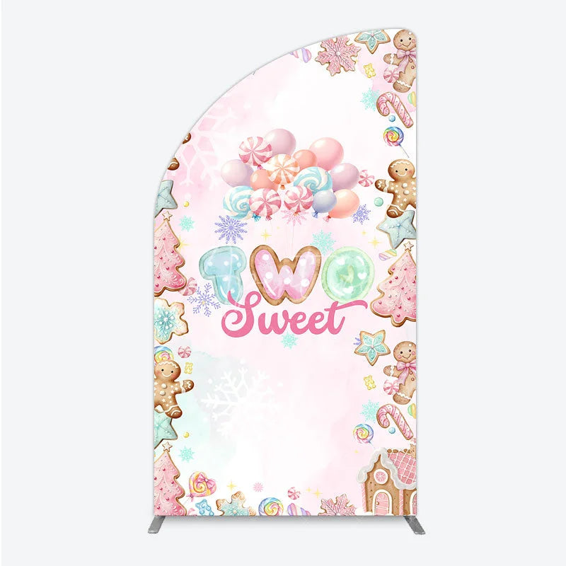 Aperturee - Aperturee Two Sweet Birthday Half Moon Arch Backdrop for 2nd Birthday Winter Candyland with Gingerbread Christmas Sweet Shoppe