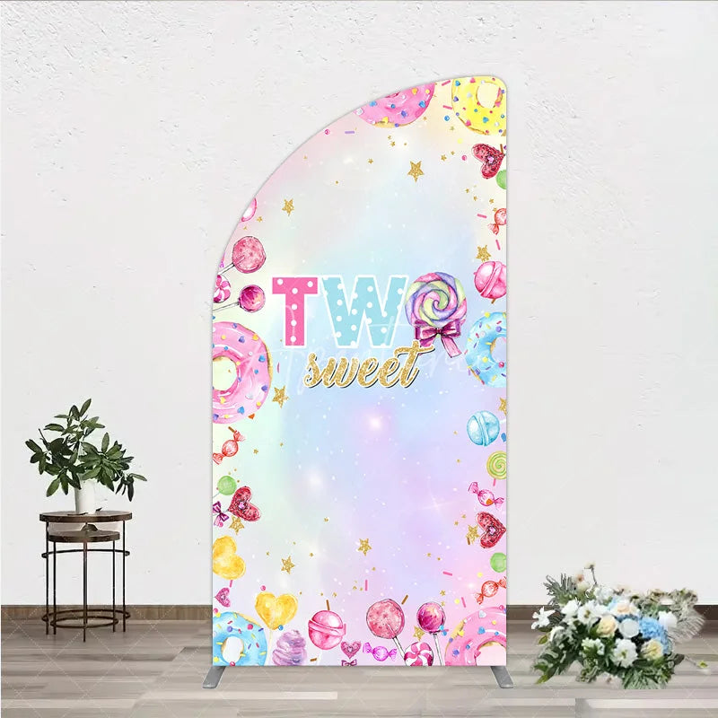 Aperturee - Aperturee Two Sweet Half Moon Arched Backdrop for 2nd Birthday Candyland Donut Lollipop Party Pastel Rainbow Dessert Table Decor