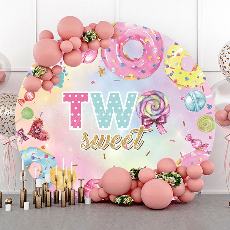 Aperturee - Aperturee Two Sweet Round Backdrop for 2nd Birthday Party Donut and Lollipop Candyland Theme Photo Booth Decor for Girls