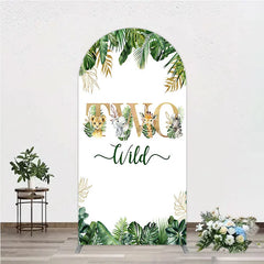 Aperturee - Aperturee Two Wild Safari Animals Birthday Arch Backdrop Jungle Tropical Palm Leaves 2nd Birthday Party Background