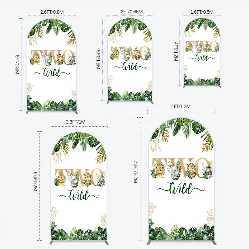 Aperturee - Aperturee Two Wild Safari Animals Birthday Arch Backdrop Jungle Tropical Palm Leaves 2nd Birthday Party Background