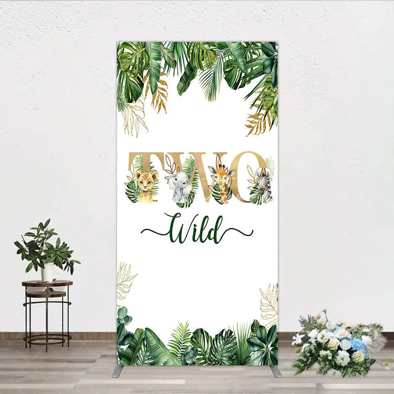 Aperturee - Aperturee Two Wild Safari Animals Birthday Rectangle Backdrop Jungle Tropical Palm Leaves 2nd Birthday Party Background