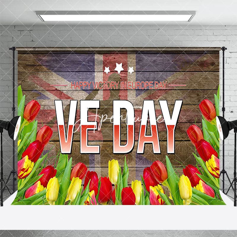 Aperturee - Aperturee Uk Flag Red Yellow Floral Wood Happy VE Day Backdrop