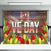 Aperturee - Aperturee Uk Flag Red Yellow Floral Wood Happy VE Day Backdrop
