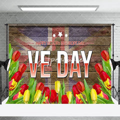 Aperturee - Aperturee Uk Flag Red Yellow Floral Wood Happy VE Day Backdrop
