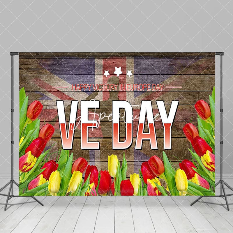 Aperturee - Aperturee Uk Flag Red Yellow Floral Wood Happy VE Day Backdrop