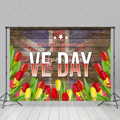 Aperturee - Aperturee Uk Flag Red Yellow Floral Wood Happy VE Day Backdrop