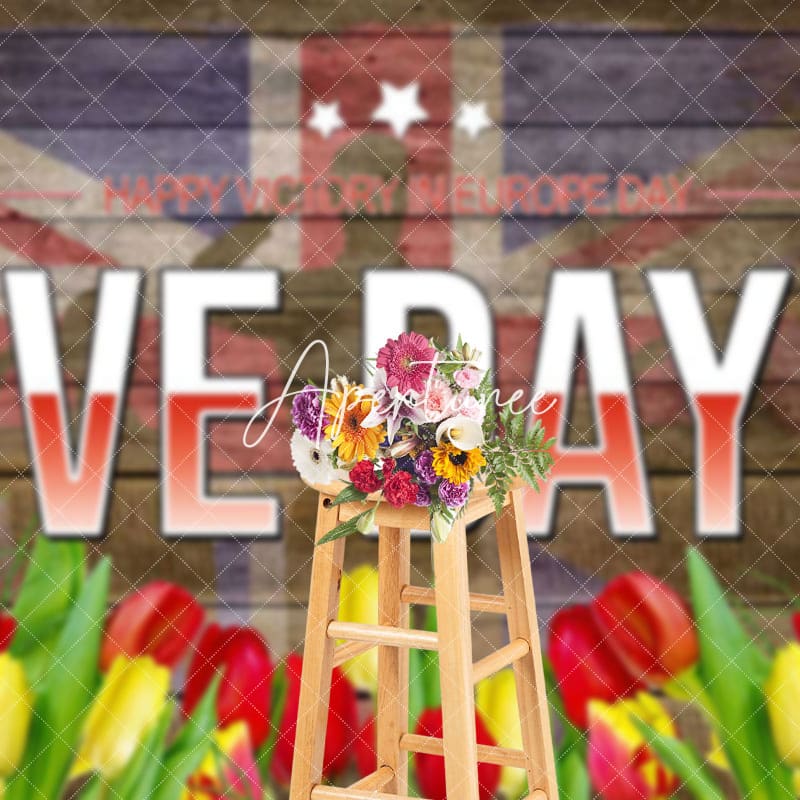 Aperturee - Aperturee Uk Flag Red Yellow Floral Wood Happy VE Day Backdrop