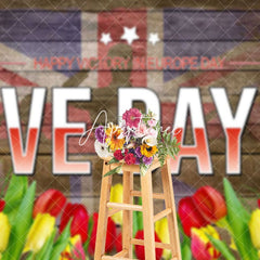 Aperturee - Aperturee Uk Flag Red Yellow Floral Wood Happy VE Day Backdrop