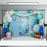 Aperturee - Aperturee Under the Sea Backdrop Cute Octopus and Treasure Chest Blue Ocean Arch Birthday Party Background
