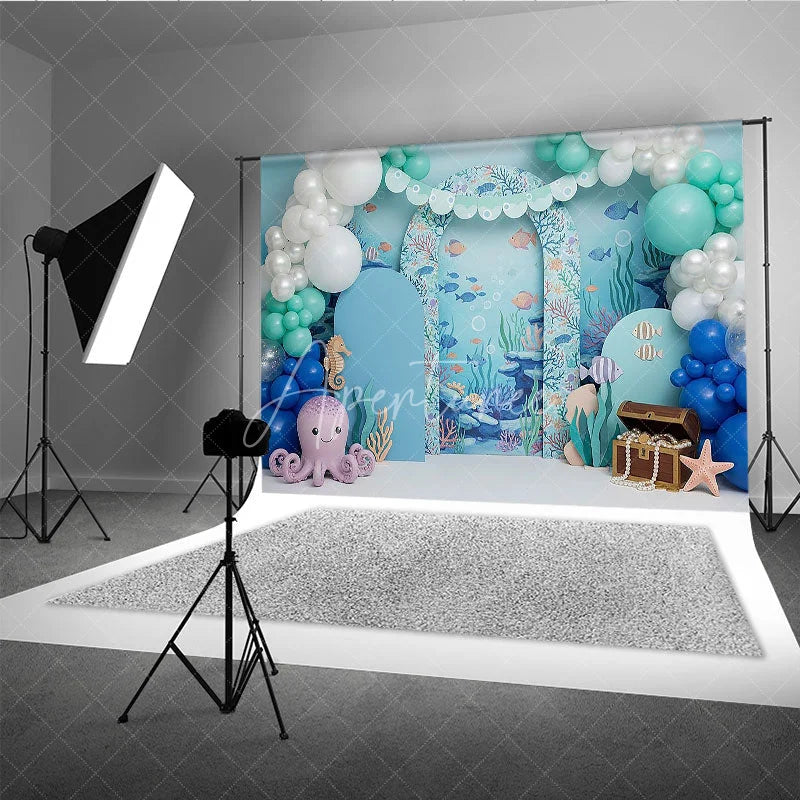 Aperturee - Aperturee Under the Sea Backdrop Cute Octopus and Treasure Chest Blue Ocean Arch Birthday Party Background