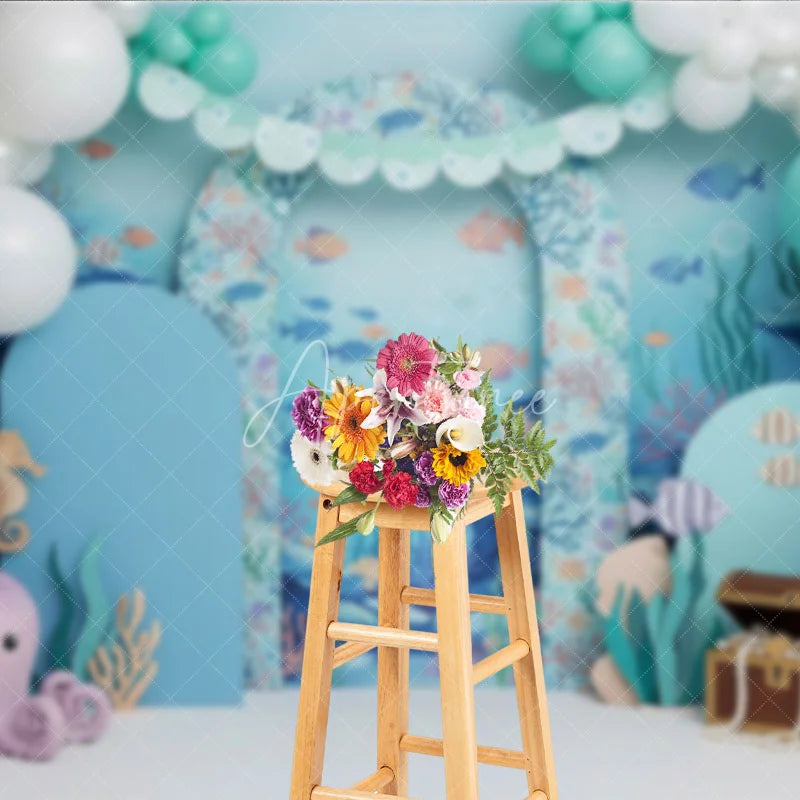 Aperturee - Aperturee Under the Sea Backdrop Cute Octopus and Treasure Chest Blue Ocean Arch Birthday Party Background