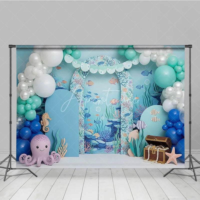 Aperturee - Aperturee Under the Sea Backdrop Cute Octopus and Treasure Chest Blue Ocean Arch Birthday Party Background