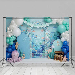 Aperturee - Aperturee Under the Sea Backdrop Cute Octopus and Treasure Chest Blue Ocean Arch Birthday Party Background