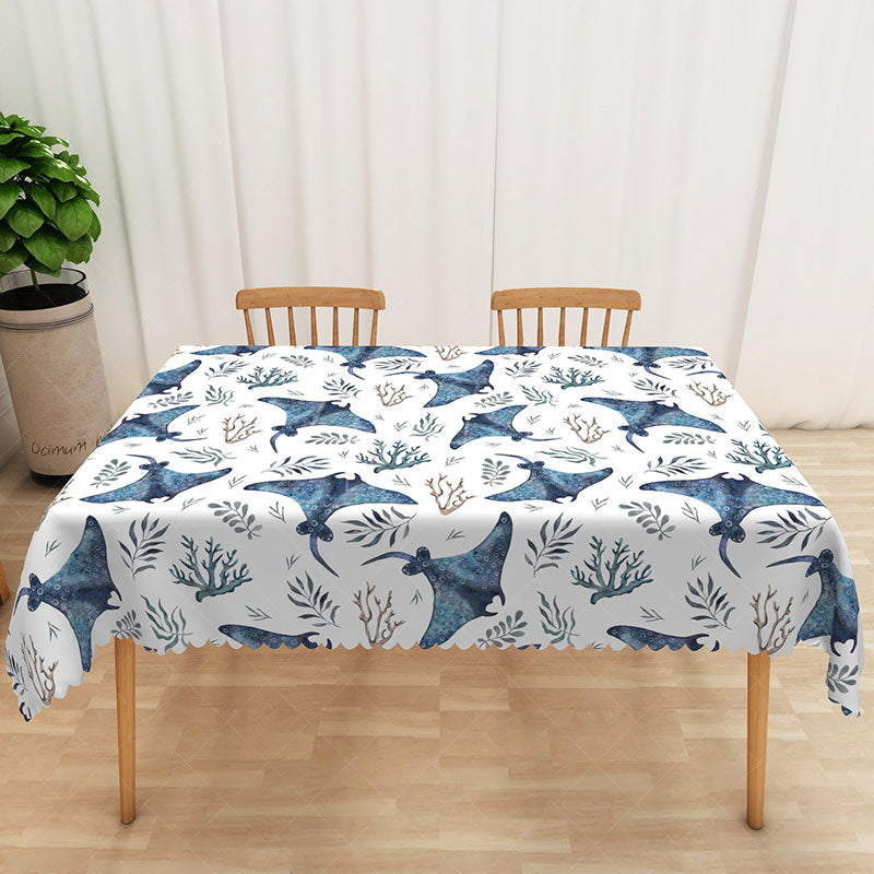 Aperturee - Aperturee Under The Sea Rectangle Tablecloth with Manta Rays for Summer Ocean Themed Party and Kids Bathroom Decor