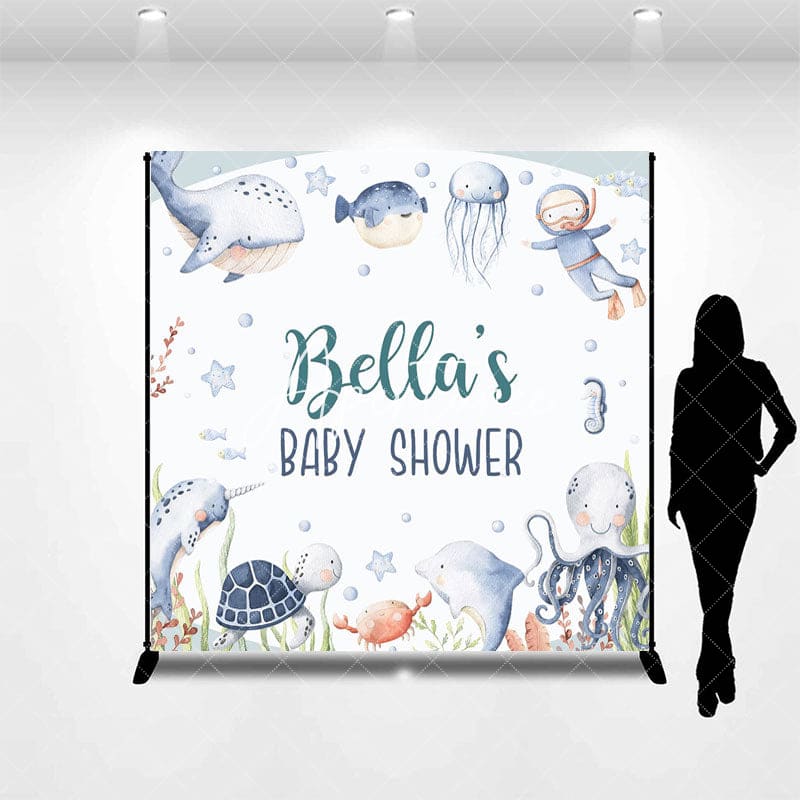 Aperturee - Aperturee Undersea Animals Custom Name Baby Shower Backdrop