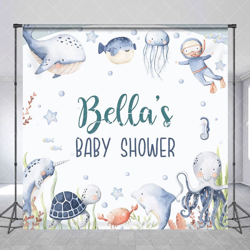 Aperturee - Aperturee Undersea Animals Custom Name Baby Shower Backdrop