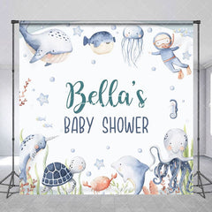 Aperturee - Aperturee Undersea Animals Custom Name Baby Shower Backdrop