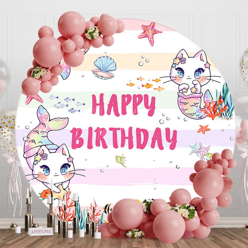 Aperturee - Aperturee Undersea Cat Mermaid Colorful Round Birthday Backdrop