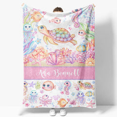 Aperturee - Aperturee Undersea Colorful Animals Custom Name Girl Blanket