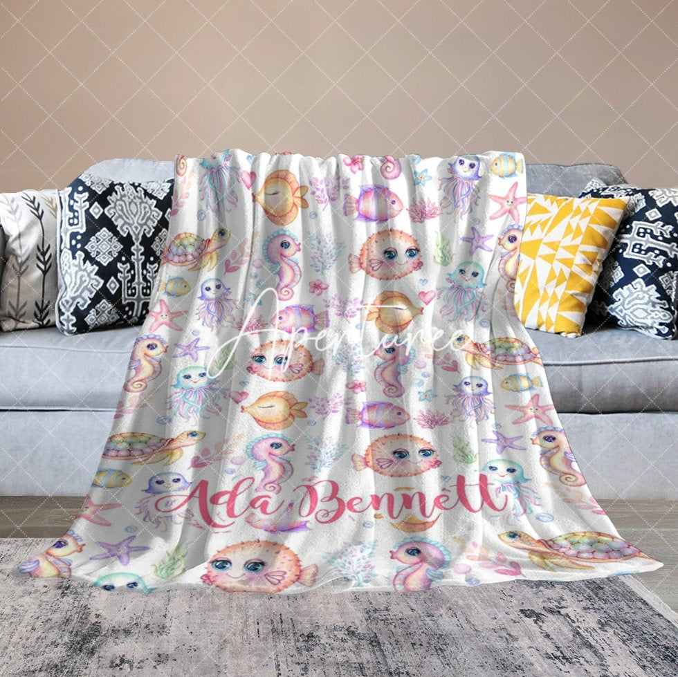 Aperturee - Aperturee Undersea Colorful Animals Plants Custom Name Blanket