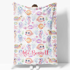 Aperturee - Aperturee Undersea Colorful Animals Plants Custom Name Blanket