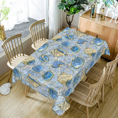 Aperturee - Aperturee Undersea Conch Pattern Rectangle Tablecloth in Blue and Khaki for Coastal and Nautical Dining Decor