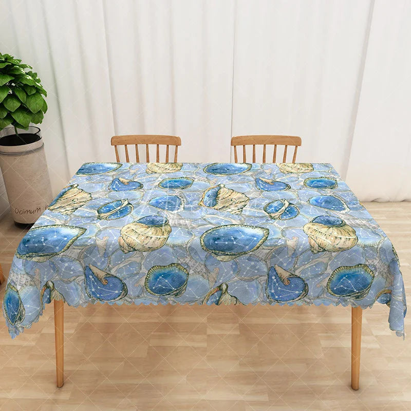 Aperturee - Aperturee Undersea Conch Pattern Rectangle Tablecloth in Blue and Khaki for Coastal and Nautical Dining Decor