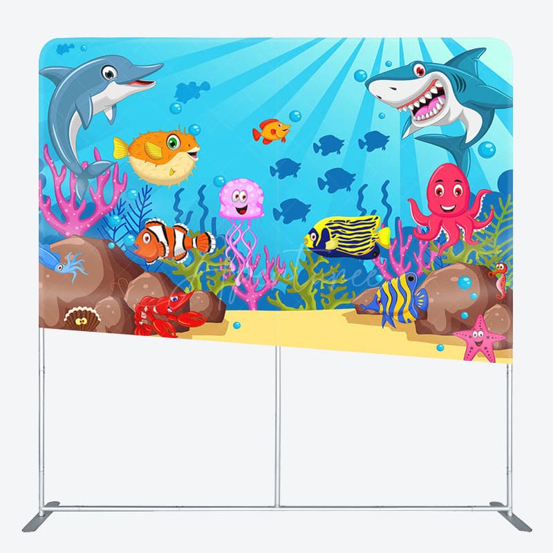 Aperturee - Aperturee Undersea World Animals Birthday Pillow Case Backdrop