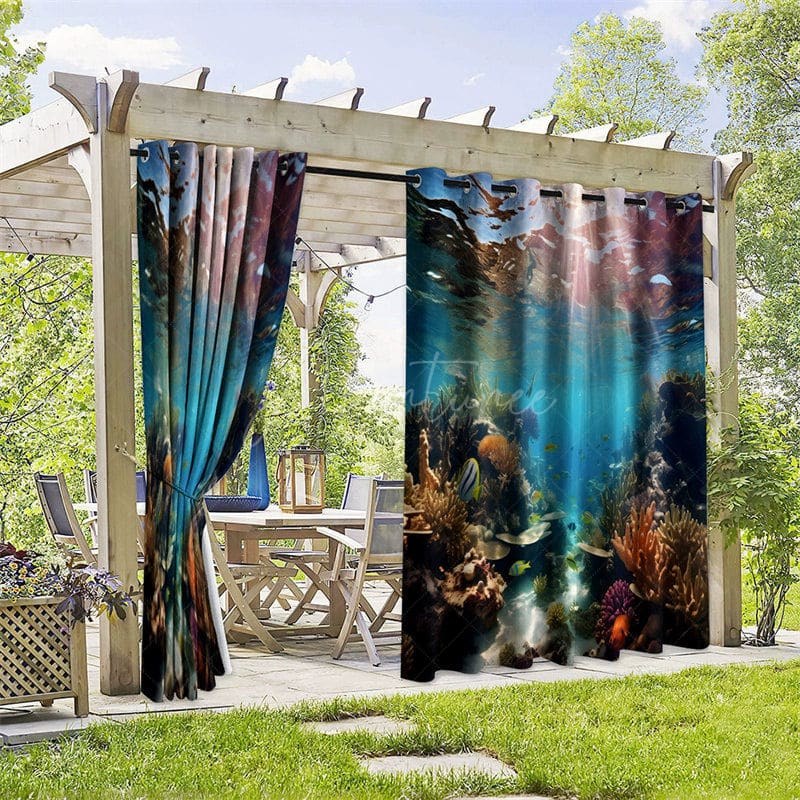 Aperturee - Aperturee Underwater Coral Waterproof Printed Outdoor Curtains
