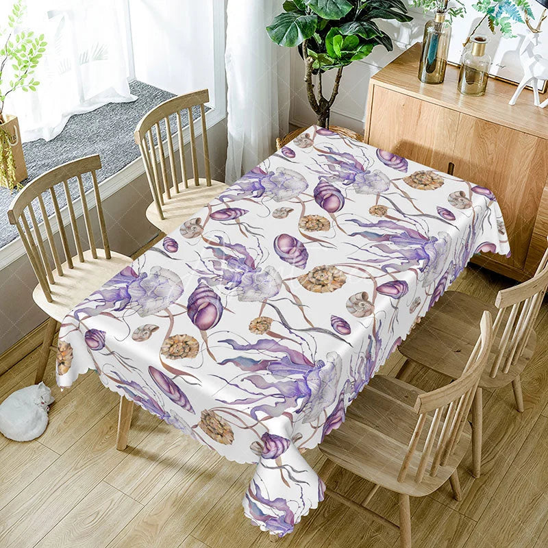 Aperturee - Aperturee Underwater Ocean Rectangle Tablecloth with Purple Jellyfish and Brown Snails for Marine Life Decor