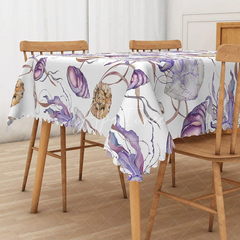 Aperturee - Aperturee Underwater Ocean Rectangle Tablecloth with Purple Jellyfish and Brown Snails for Marine Life Decor