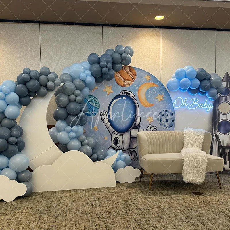 Aperturee - Aperturee Universe Galaxy Astronaut Blue Round Birthday Backdrop