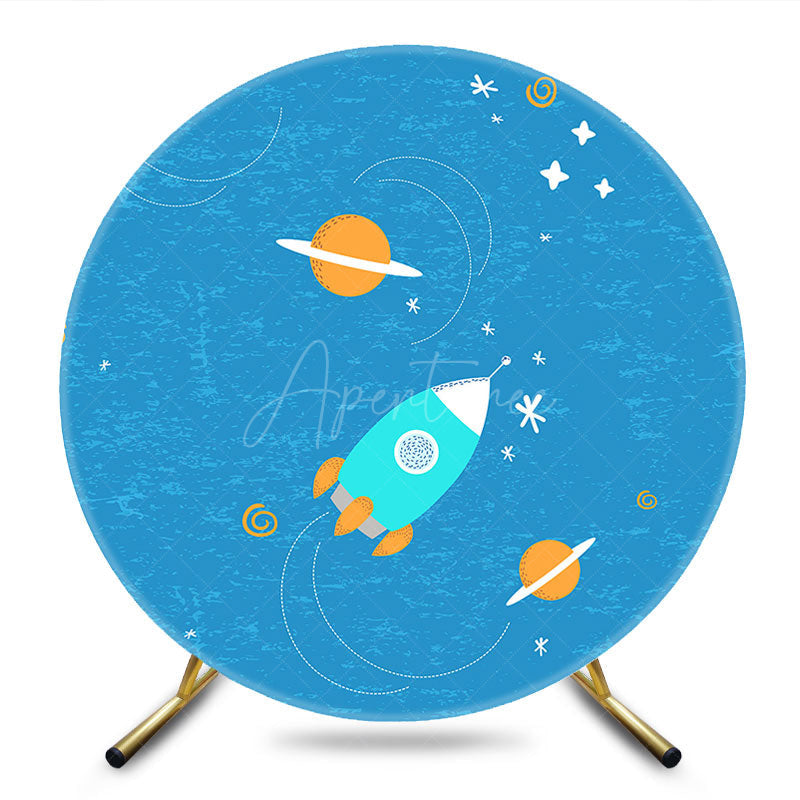 Aperturee - Aperturee Universe Galaxy Rocket Blue Round Birthday Backdrop