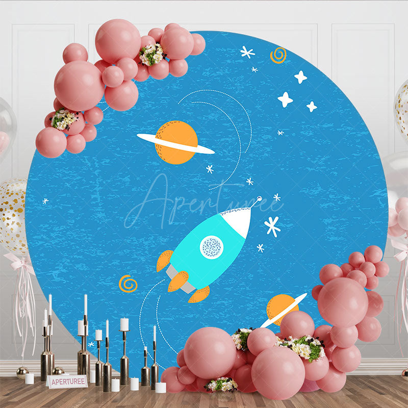 Aperturee - Aperturee Universe Galaxy Rocket Blue Round Birthday Backdrop